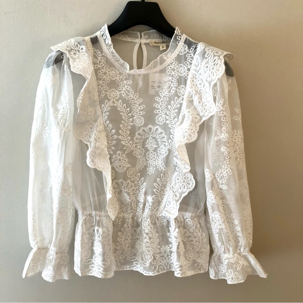 Rebellion White Embroidered Lace Ruffle Blouse